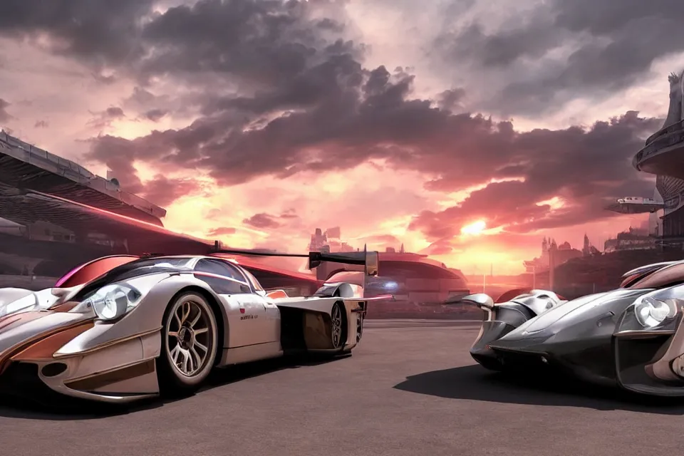 Image similar to Futuristic Hover Car Le Mans Races In Italy Circa Year 10,0000 Designed by Syd Mead and Pininfarina, beautiful sunset, photorealistic, hyperrealistic, octane render, HDR, IG Studios Anime Style