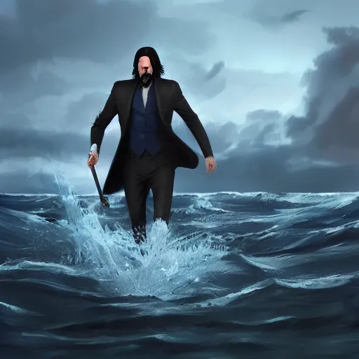 Prompt: John Wick who became the god of the sea, art concept