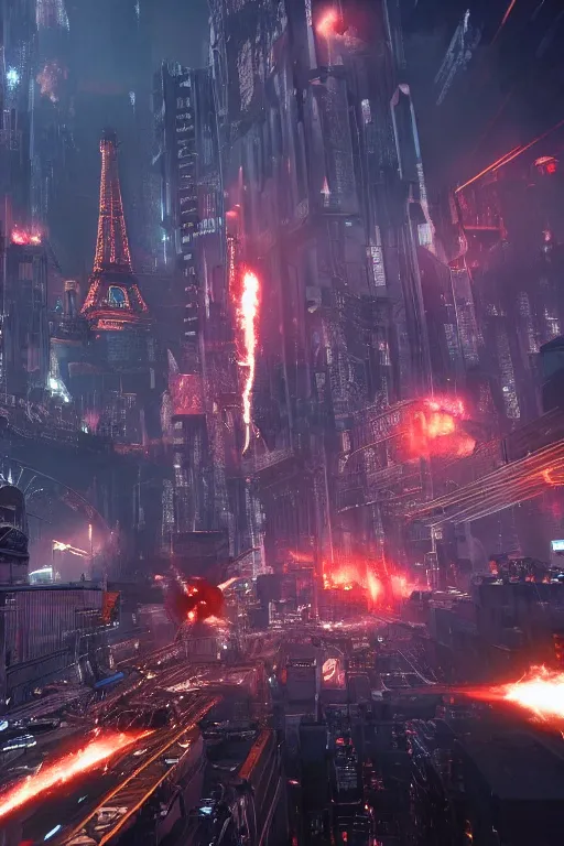 Prompt: paris cyberpunk attacked by aliens, lots of explosions and destroyed building, realistic, high definition, many details, dramatic scene, detailed and realistic hands, symmetrical face, realistic eyes, art of unreal engine 5