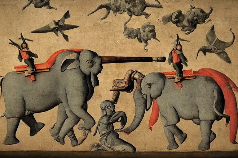 Image similar to “a Hellenistic painting of Lockheed Martin designed war elephants with missiles strapped to them, virtuoso, masterpiece, 8k, Michelangelo”