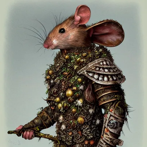 Image similar to detailed realistic body portrait of a mouse druid in full plate ceremonial armor, covered in fungus and mushrooms, decayed plant matter, leaves, by Gerald Brom and Alan Lee, ArtStation