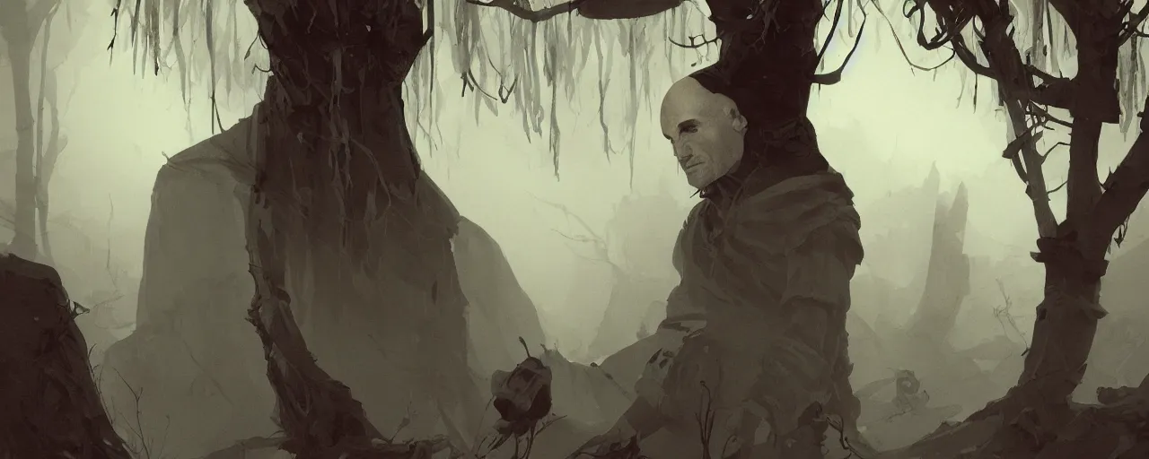 Image similar to duotone noir illustration close up of bald merchant demon sitting below willow tree in medieval brown tunic. foggy evening. dark dream atmosphere with volumetric hellish lighting, by sachin teng and sergey kolesov and ruan jia and heng z. graffiti art, scifi, fantasy, hyper detailed. octane render. concept art. trending on artstation