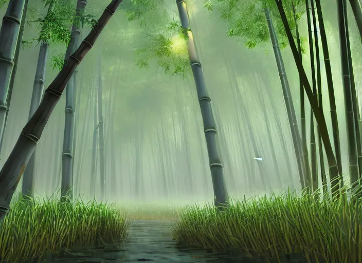 Prompt: deep in a misty japanese bamboo forest, small river, sunny, cartoony, anime style, soft, mid day, realistic lighting, by ghibli studio, arcane, wild rift, trending on artstation, 4 k, hd