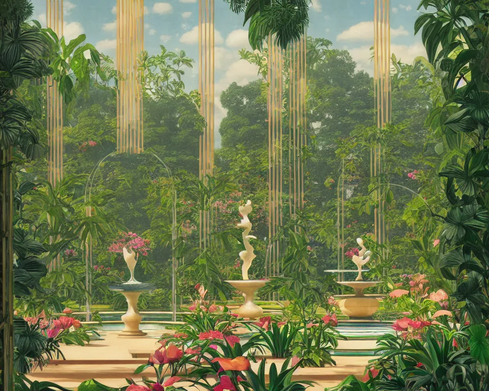 Prompt: an achingly beautiful print of the interior of a glass-walled Art Deco botanic garden, featuring flowing sculptured fountains, tropical flowers, and classical antiquities by Raphael, Hopper, and Rene Magritte. detailed, romantic, enchanting, trending on artstation.