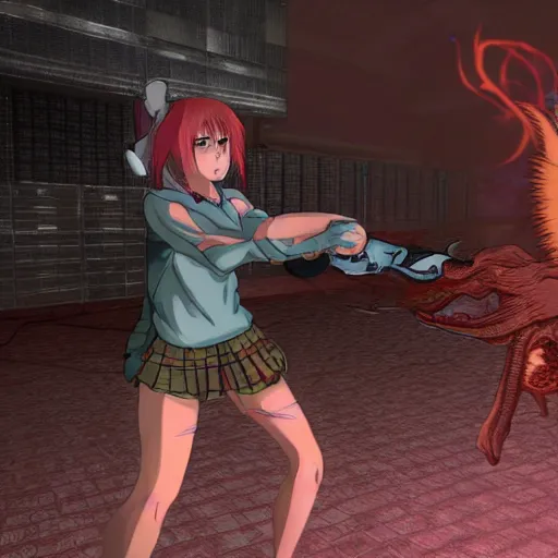 Prompt: anime girl fighting off demons in doom