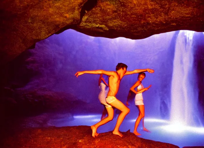 Image similar to people dancing under a waterfall highly detailed sharp zeiss lens 3 5 mm kodachrome film masterpiece ryan mcginley moonmilk cave with blue ambient lighting