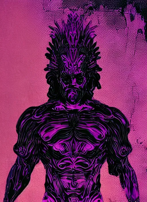 Image similar to dark design poster showing a heroic statue of zeus, black background with very subtle purple red design elements, powerful, nekro, vito acconci, thin straight lines, dark, glitch art, neo vaporwave, gritty, layout frame, square, trending on artstation