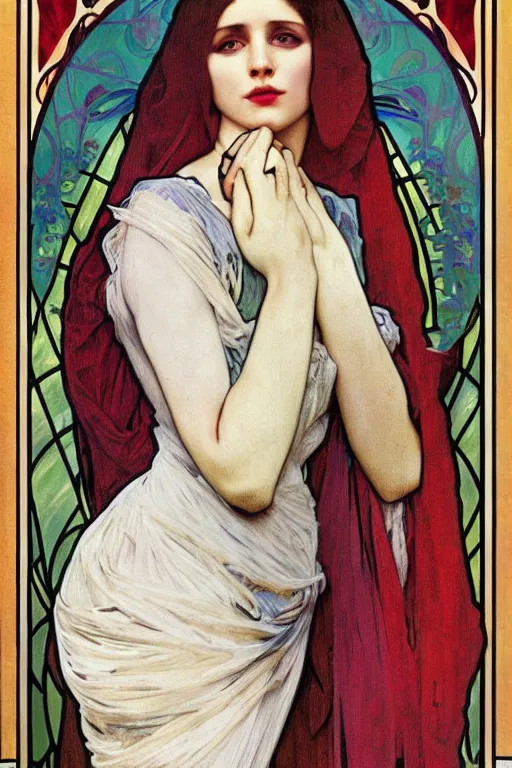 Prompt: hyper-realistic detailed full body portrait of woman with red veil hijab by Alphonse Mucha and Pablo Picasso, Art Nouveau, Neo-Gothic, gothic, iridescent deep colors