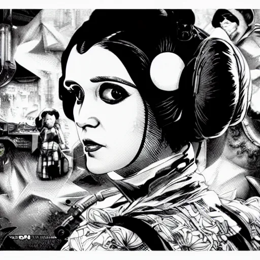 Image similar to portrait closeup of crazy princess leia, symmetrical, by yoichi hatakenaka, masamune shirow, josan gonzales and dan mumford, ayami kojima, takato yamamoto, barclay shaw, karol bak, yukito kishiro