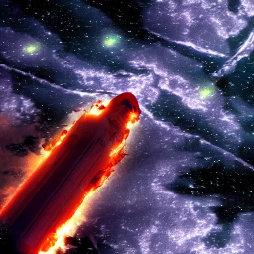 Prompt: a spaceship burning through the atmosphere, the image is taken from inside the space, ship, realistic