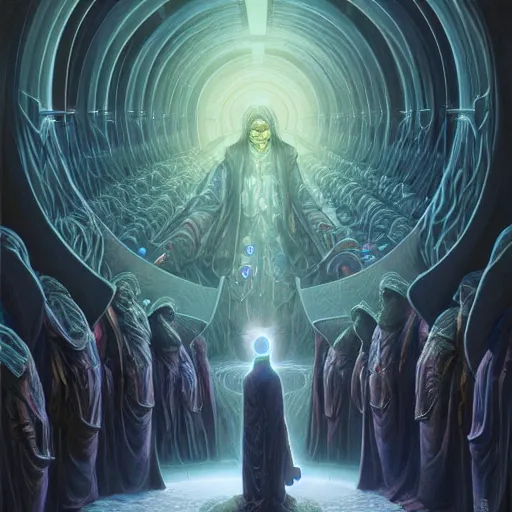 Image similar to a quantum computer processing the soul of a dying man, surrounded by a dark cabal of hooded elven mystics with long robes gathered in a circular formation, michael whelan art, dan seagrave art, cgsociety, artstation, epic scifi fantasy art