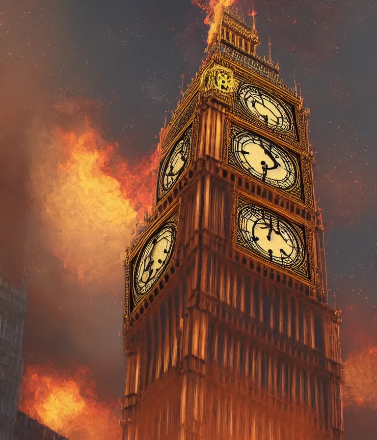 Image similar to a beautiful hyperrealistic detailed 3D render of big ben burning, by Anton Otto Fischer, Atey Ghailan, genzoman, unreal engine, octane render, gigantic, 3D, brilliantly coloured, intricate, ultra wide angle, trending on artstation, embers, smoke, dust, dusk, volumetric lighting, HDR, polished, micro details, ray tracing, 8k