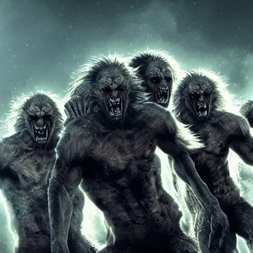 Image similar to cinematic shot a pack of werewolves from an 8 0 s horror movie, hyper realistic, mood lighting, fantasy, detailed face, highly detailed, super realistic, perfect lighting