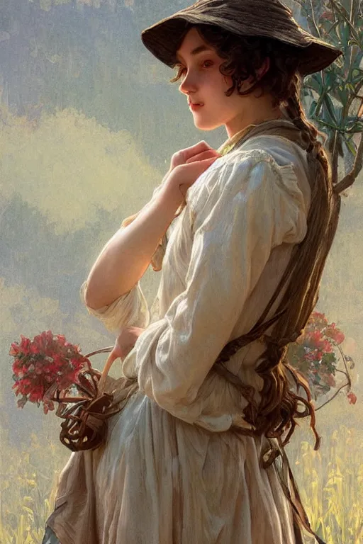 Image similar to beautiful cottagecore young peasant maiden, innocent, intricate, elegant, highly detailed, digital painting, artstation, concept art, smooth, sharp focus, illustration, art by artgerm and greg rutkowski and alphonse mucha