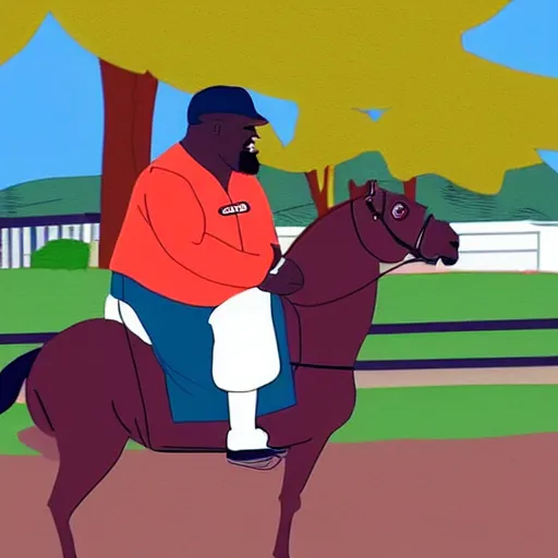 Prompt: shaq riding a horse in a scene of south park