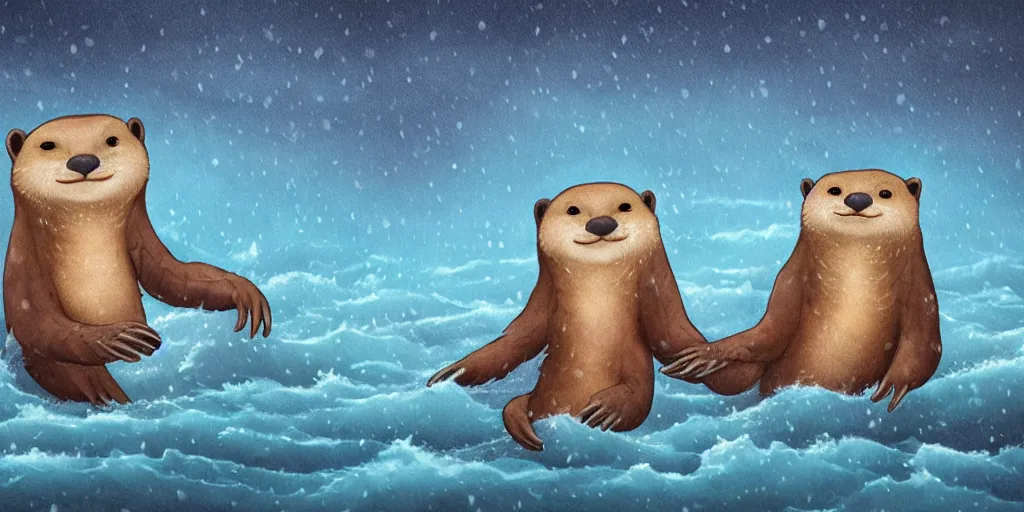 Image similar to A pair of adorable otters falling in love holding hands side by side All alone in a huge storm at sea, fantasy illustration, cinematic, dreamlike, Award winning, romance, detailed trending on art station masterpiece