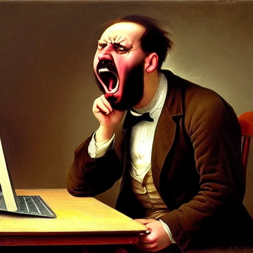 Image similar to an angry man yells at his computer monitor, oil on canvas, 1 8 8 3, highly detailed