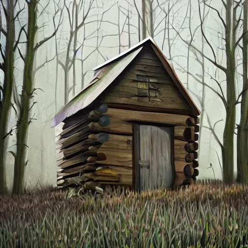 Prompt: a painting of a eerie cabin in the middle of the woods in the style of banksy