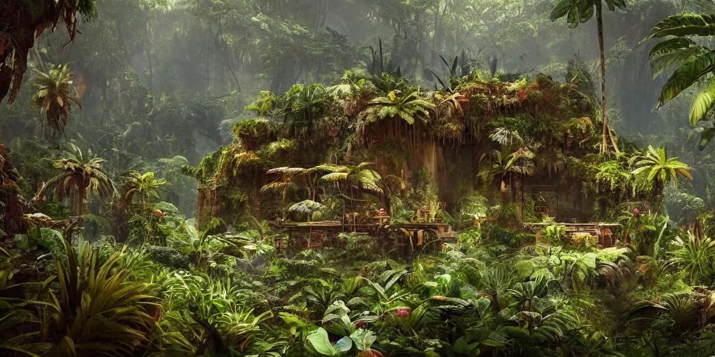 Image similar to tropical jungle, wall wood fortress, borderland style, Hyperrealistic CGI, Photorealistic, plants environment, wide angle, establishing shot, cinematic lighting, atmospheric, realistic, octane render, highly detailed, color graded, matte painting in the style of craig mullins