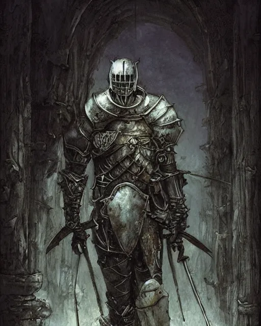 Image similar to a hyper realistic painting of a fantasy undead knight in old broken armor, pale colors, fog, dark fantasy, cinematic lighting, nighttime, by rebecca guay