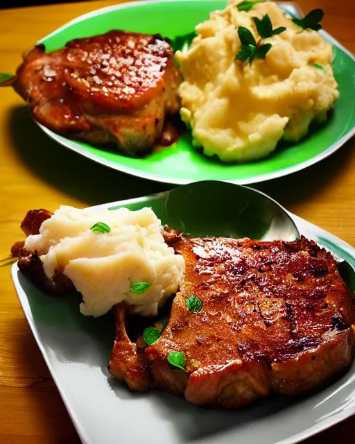 Prompt: green gamer LED porkchops and mashed potatos by razer, HD, trending on artstation, instagram post, lights in food, bright food, LED