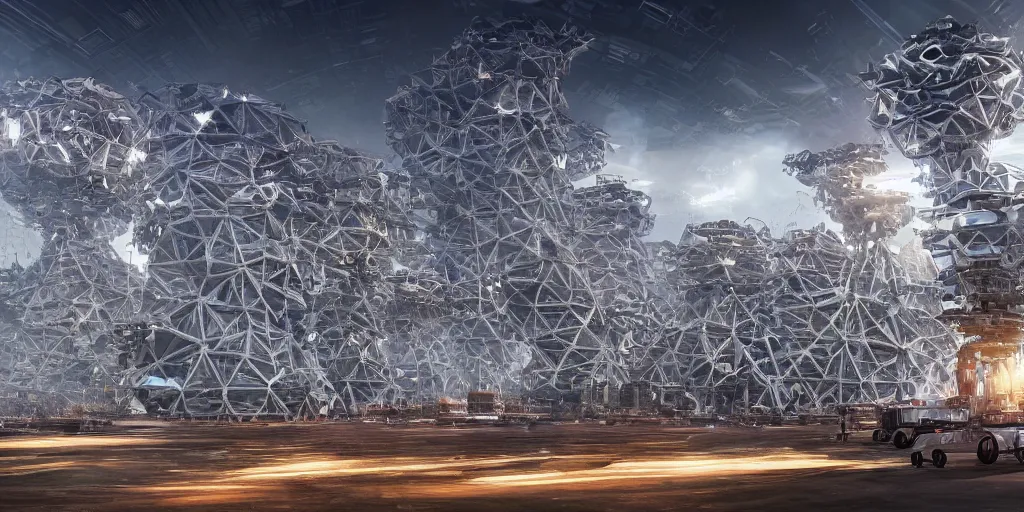 Image similar to organic generative design megastructures housing millions of robots in the style of ready player one