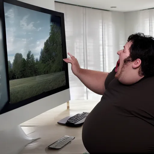 Prompt: a 1000 lb obese man screaming at his computer