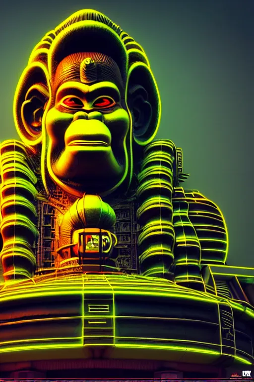 Image similar to high quality 3 d render hyperrealistic cyberpunk hanuman head building, neon yellow madhubani, highly detailed, in sci - fi mumbai, unreal engine cinematic smooth, liam wong, moody light, low angle, uhd 8 k, sharp focus