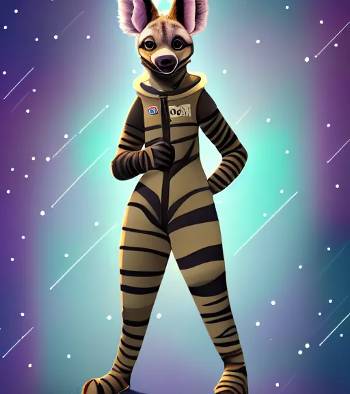 Image similar to digital detailed full body of anthromorphic female hyena, in style of zootopia, fursona, furry, furaffinity, 4 k, deviantart, wearing astronaut outfit, in style of zootopia, floating in space, space background, in deep space, dark background, hyena fursona, cyberpunk, female, detailed face,