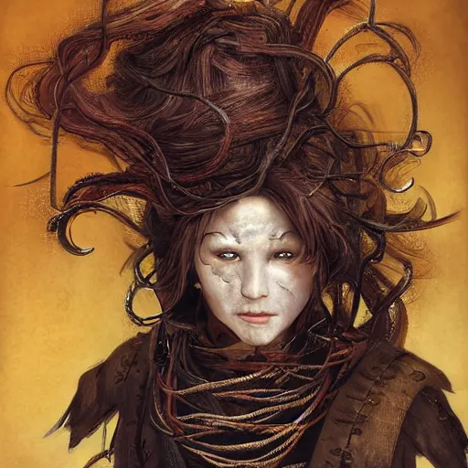 Image similar to portrait of a Shibari rope wrapped face and neck, headshot, insanely nice professional hair style, dramatic hair color, digital painting, of a old 15th century, old cyborg merchant, amber jewels, baroque, ornate clothing, scifi, realistic, hyperdetailed, chiaroscuro, concept art, art by Franz Hals and Jon Foster and Ayami Kojima and Amano and Karol Bak,