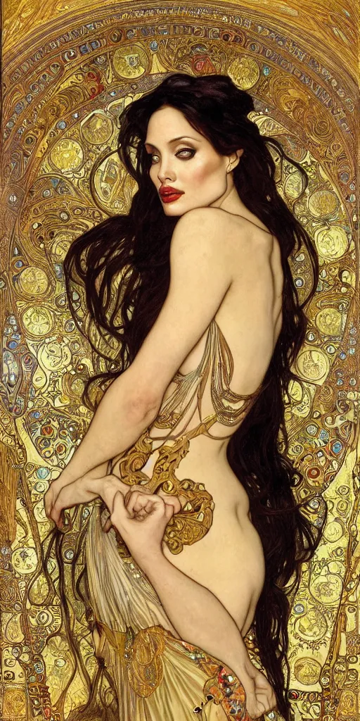 Image similar to realistic detailed dramatic portrait of Anglina Jolie as Salome dancing, wearing an elaborate jeweled gown, by Alphonse Mucha and Gustav Klimt, gilded details, intricate spirals, coiled realistic serpents, Neo-Gothic, gothic, Art Nouveau, ornate medieval religious icon, long dark flowing hair spreading around her