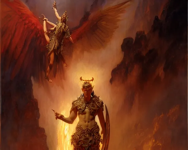 Image similar to attractive demonic male deity, casting magic, summoning handsome lucifer morning star. highly detailed painting by gaston bussiere, craig mullins, j. c. leyendecker 8 k