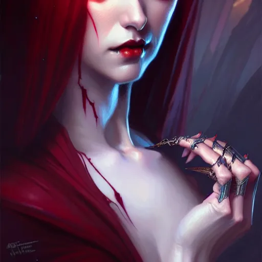 Image similar to desirable Vampire woman, fantasy, intricate, elegant, highly detailed, digital painting, artstation, concept art, matte, sharp focus, illustration, art by artgerm and Greg Rutkowski, dreadjim, zeen chin