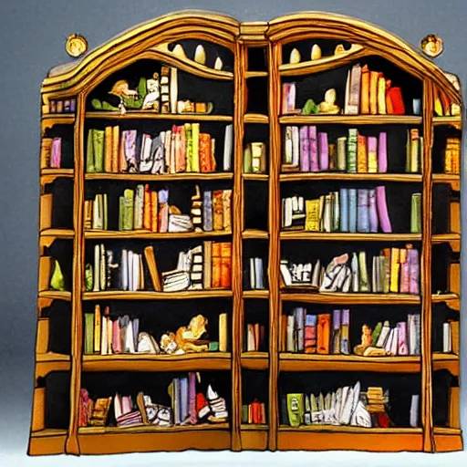 Image similar to enchanted bookshelves, in the style of colin thompson, highly detailed, playful fantasy.