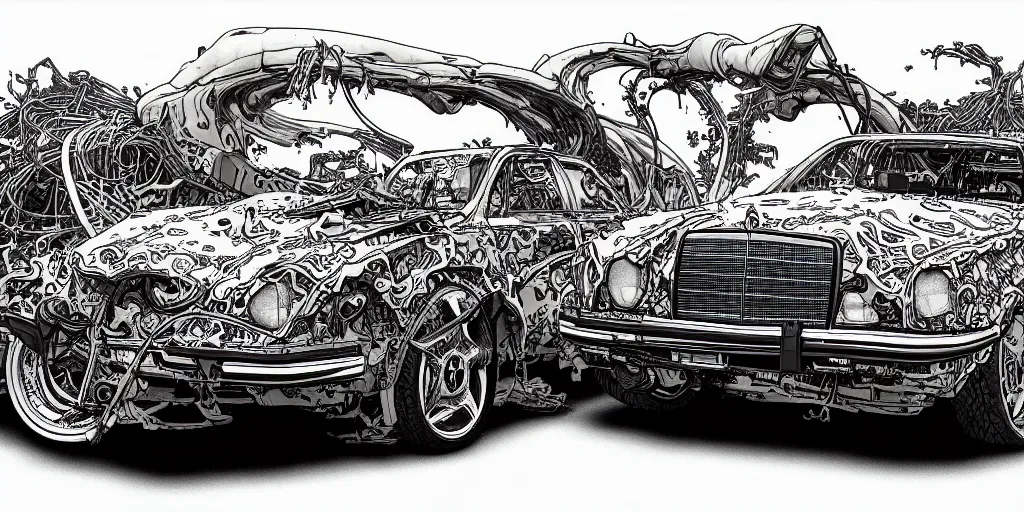 Image similar to a big woman axolotl in evil burning wrecked mercedes 1 2 4, ultrafine hyperdetailed illustration by kim jung gi