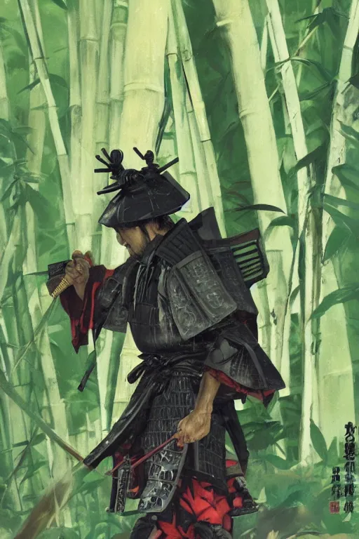 Image similar to close up of a wandering samurai in full armor sitting in a dark bamboo forest, by huang guangjian and gil elvgren, sachin teng, greg manchess