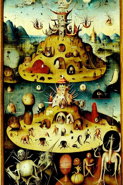 Image similar to a beautiful landscape with weird creatures by hieronymus bosch and johfra bosschart