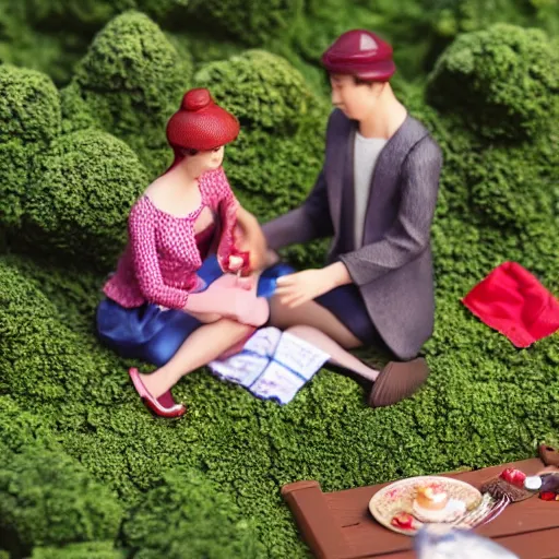 Image similar to a miniature diorama model of a couple having a picnic in a Tokyo park