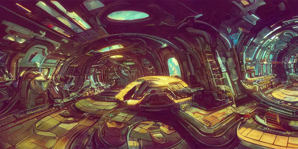 Prompt: cinematic shot of the interior of a sci-fi spaceship with ornate elven architecture, style of Roger Dean, style of Chris Foss