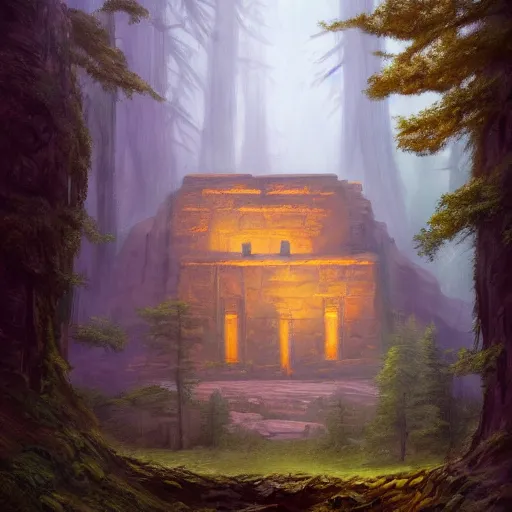 Image similar to phoenician temple in the woods of maine, artstation, matte oil painting, crisp, sharp, darrell k sweet, mysterious