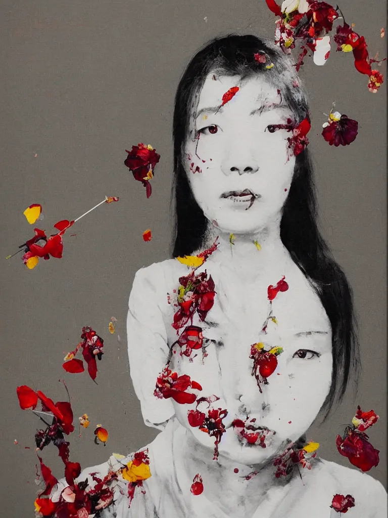 Image similar to “art in an Australian artist’s apartment, portrait of a Japanese woman wearing loose-fitting white cotton cloth, stained with fresh berries and maple syrup, white wax, edible flowers, acrylic and spray paint and oilstick on canvas”