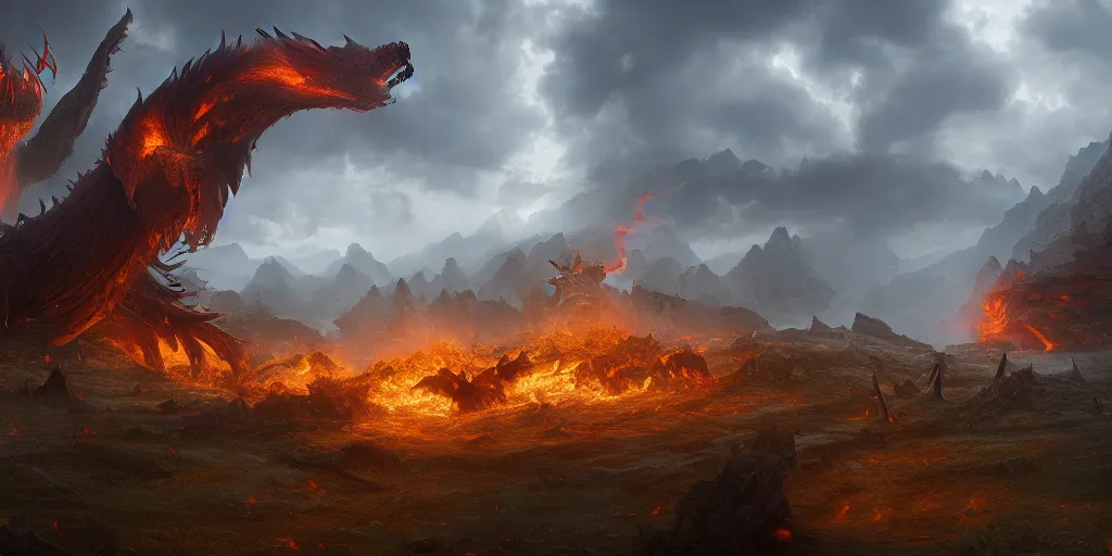 Image similar to a mythical battle between two giant fiery creatures, broken landscape, by Andreas Rocha + Ted Nasmith, cinematic lighting, masterpiece, highly detailed, 8k resolution, trending on art station