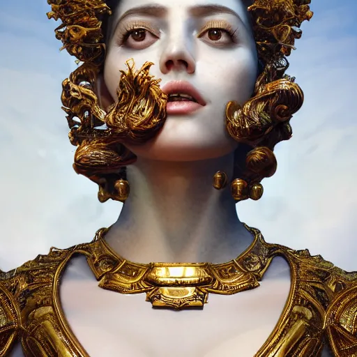 Image similar to a marble statue masterpiece of a gorgeous evil woman with white and gold, macro detailed oily skin, by kim jung gi, irakli nadar, intricate linework, bright colorshighly detailed, sharpness. victorian dress, hyper realistic., close up, face only, portrait, bright lights, bright render, octane render, corona render