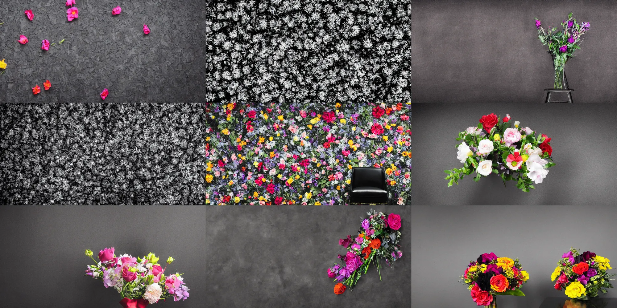 Prompt: detailed studio photograph, wide angle, black!!! background!!! pitch black!!! studio setting, darkness, high quality, elegance, tv production, pitch black background, single chair, single chair, tall colorful flower bouquet oppulent