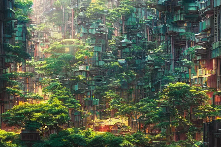 Image similar to solarpunk kowloon walled forest city built by frank lloyd wright, still from studio ghibli anime movie, cyberpunk tree house, digital art, artgerm, trending on artstation