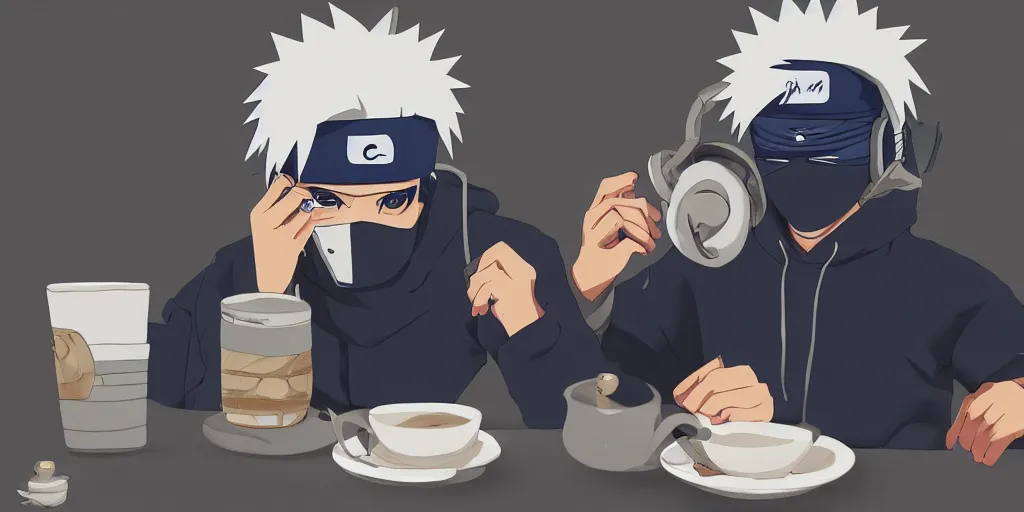 Prompt: kakashi from naruto wearing headphones and a navy blue hoody having tea at a tea shop in toyko, aesthetic, digital painting, artstation, highly detailed, 4 k