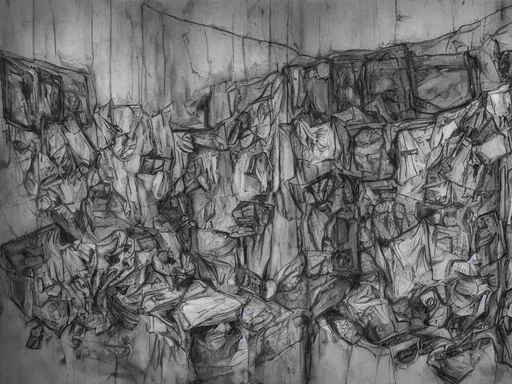 Image similar to “A spectral archive of an interrogation room in Guantanamo Bay detention center with military men and women facing, surrounding detainees, expressionist maleficent atmosphere, drawings on dirty walls, slack of papers, photographs hanging on a board, injustice, depredation, depravation, redacted, highly detailed, texturized, raw footage”