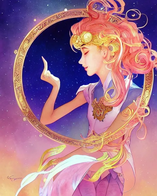 Image similar to sailor moon dancing with crescent moon background, highly detailed, gold filigree, romantic storybook fantasy, soft cinematic lighting, award, sisney concept art watercolor illustration by mandy jurgens and alphonse mucha and alena aenami, pastel color palette, featured on artstation