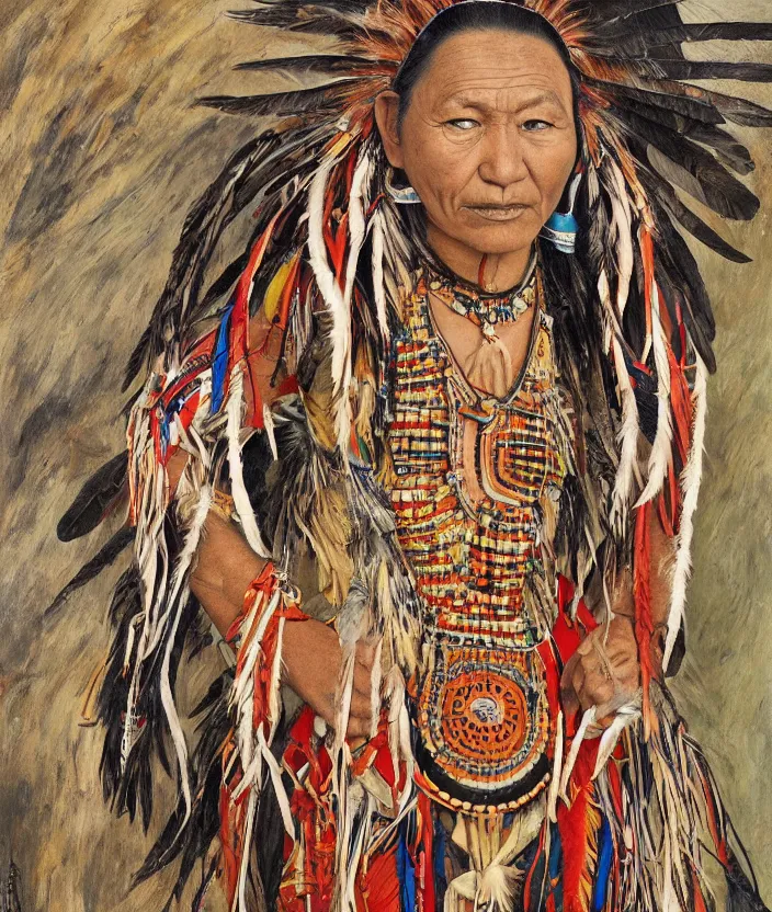 Prompt: full body shot picture of indigenous people young slim fit woman leader in canyon, painted by lucian freud, intricate costume design, beautiful feathers, hd, super detailed, realistic