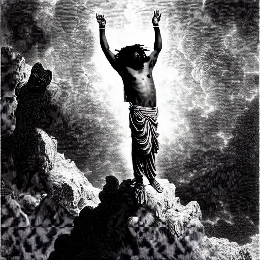 Prompt: chief keef ascending into heaven, biblical image, style of gustave dore, highly detailed, beautiful, high contrast